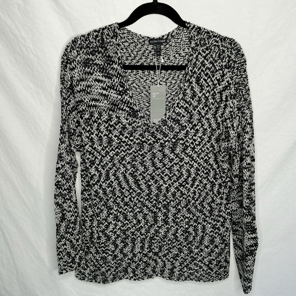 NWT Eileen Fisher Size L Space Dyed Cotton Tape VNeck Open Knit Sweater $228 NEW